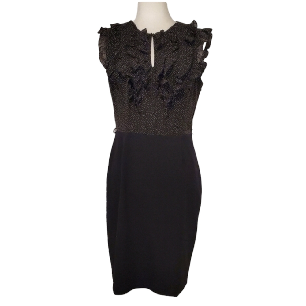 Kasper Dress Womens Size 8 Black Polka Dot Print Ruffle Front Sleeveless Dress